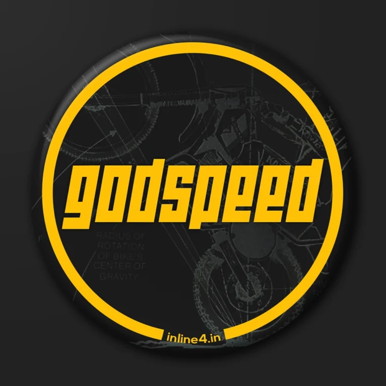 Dark badge with a yellow ring border and the word "godspeed" in bold yellow lettering over a faint motorcycle blueprint sketch