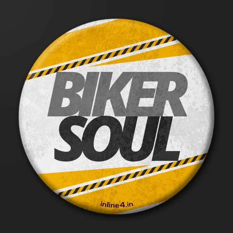 Yellow and white badge with diagonal hazard stripes and bold overlapping grey/black text reading "Biker Soul"