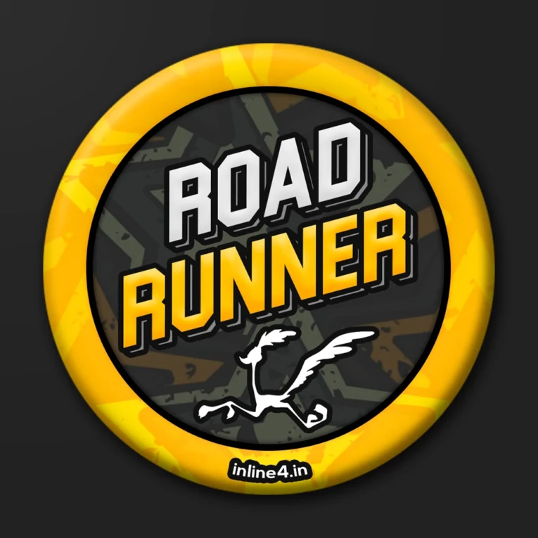 Badge with a yellow ring border, bold 3D "Road Runner" text, and a white cartoon roadrunner bird illustration
