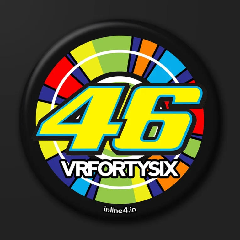 Black badge with a large yellow "46" numeral over a multicoloured sunburst pattern, "VRFortySix" text below