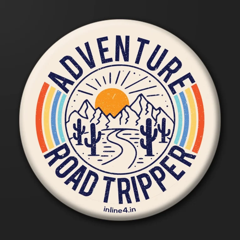 Cream badge with retro rainbow stripes, a navy line-art illustration of mountains, sunrise and a winding road, text reading "Adventure Road Tripper"