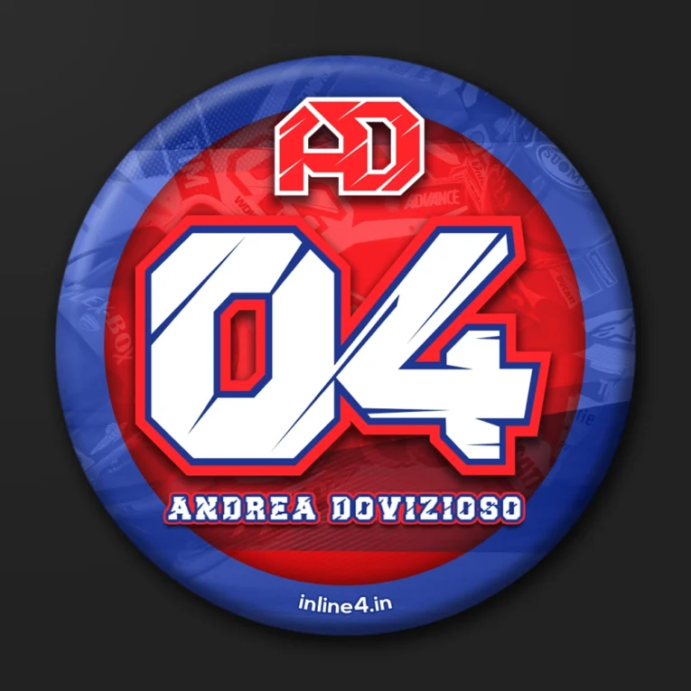 Blue and red badge with a white "AD" monogram, the number "04," and text reading "Andrea Dovizioso"