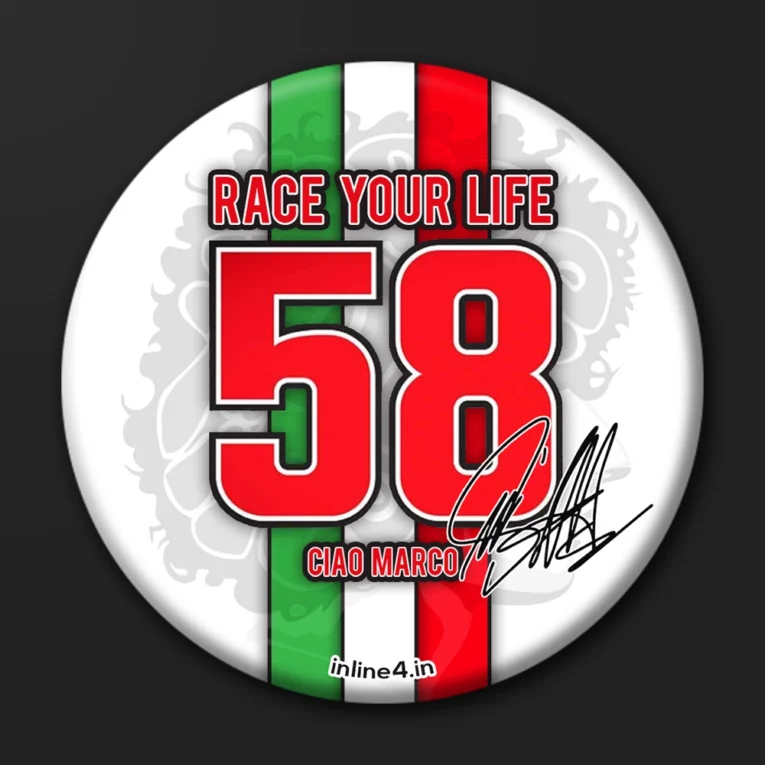 White badge with an Italian tricolour stripe, a large "58" numeral, a signature graphic, and text reading "Race Your Life, Ciao Marco"