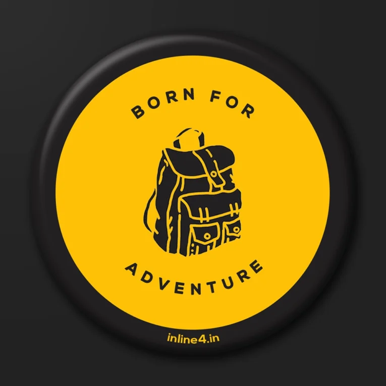 Yellow badge with a black line illustration of a backpack and bold text reading "Born For Adventure"