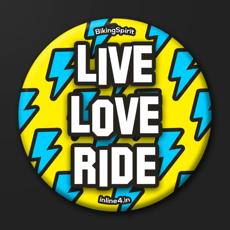 Yellow badge with a blue lightning bolt pattern and bold white stacked text reading "Live Love Ride"