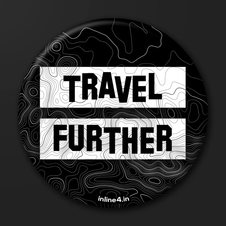 Black badge with a white topographic contour background and bold black text reading "Travel Further"