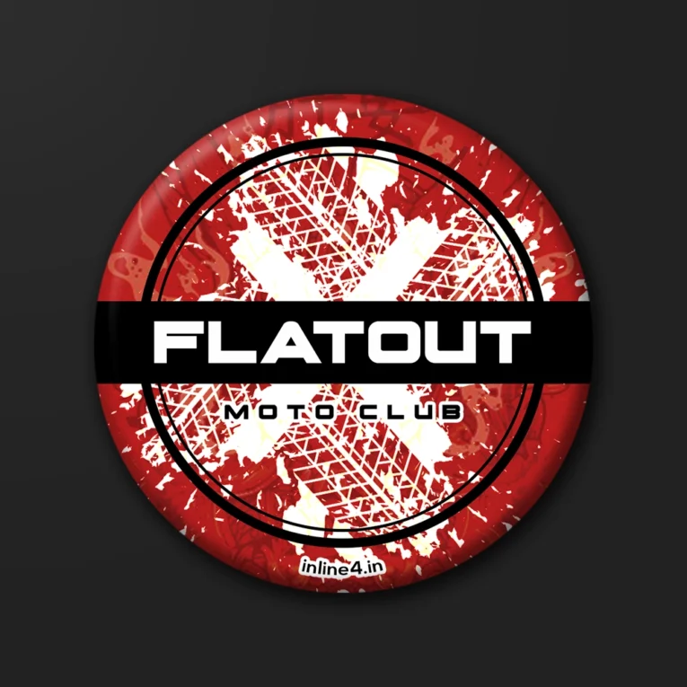 Red and white badge with bold "Flatout" text on a black band over a tyre-tread X graphic, "Moto Club" subtitle