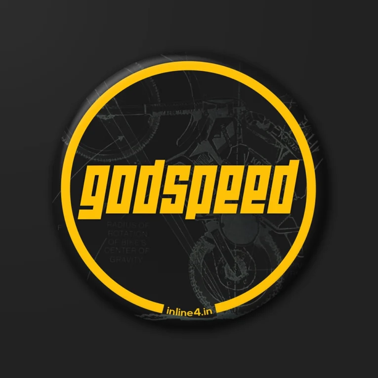 Dark badge with a yellow ring border and the word "godspeed" in bold yellow lettering over a faint motorcycle blueprint sketch
