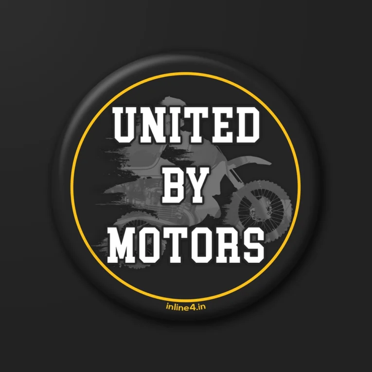 Black badge with a yellow ring border, a faded motocross rider silhouette, and bold white varsity-style text reading "United By Motors"