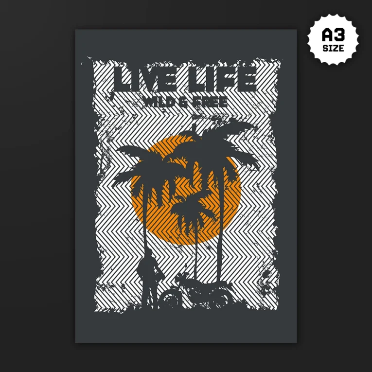 Inline-4 Live Life Wild & Free poster with a grunge chevron-pattern sunset, palm trees, a motorcycle, and a rider silhouette