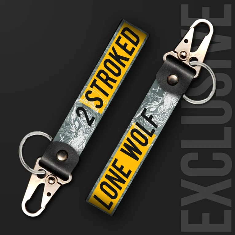 Inline-4 Lone Wolf keychain strap with a grey wolf illustration and '2 STROKED' and 'LONE WOLF' text on a yellow and grey background, swivel hook clip + keyring