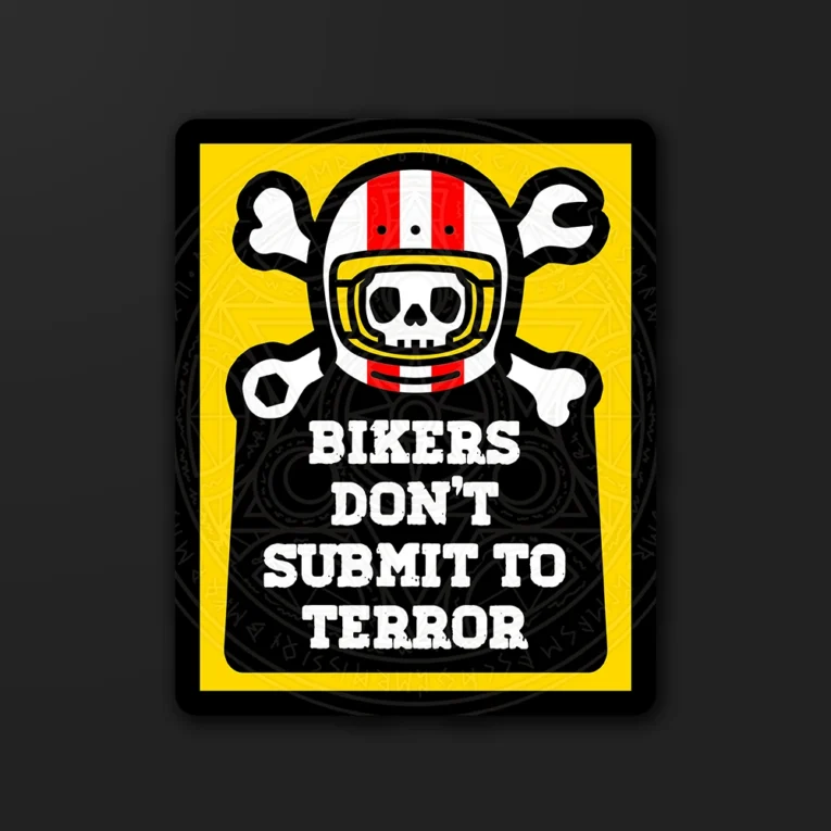 Inline-4 Bikers Don't Submit to Terror sticker with a helmeted skull and crossed bones