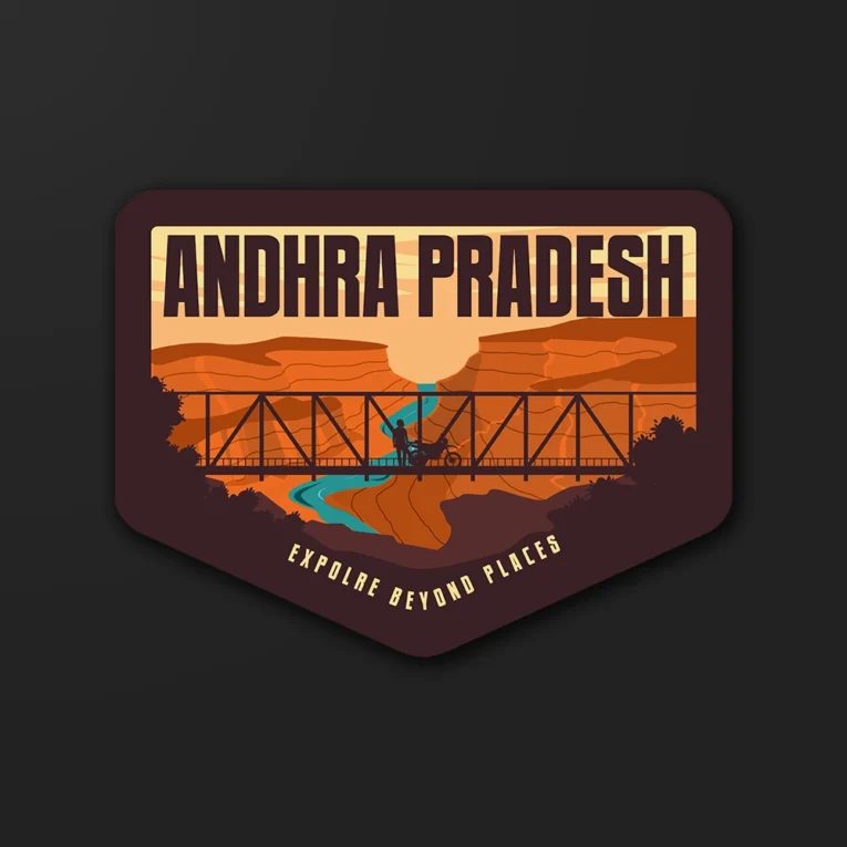 Inline-4 Andhra Pradesh sticker illustrating a rider crossing a canyon bridge on a motorcycle