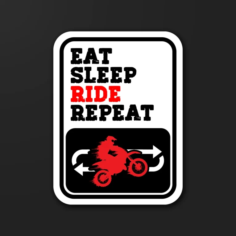 Inline-4 Eat Sleep Ride Repeat sticker with bold stacked text and a dirt-bike loop icon
