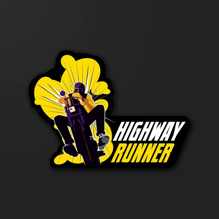 Inline-4 Highway Runner sticker illustrating a rider popping a wheelie against a yellow burst
