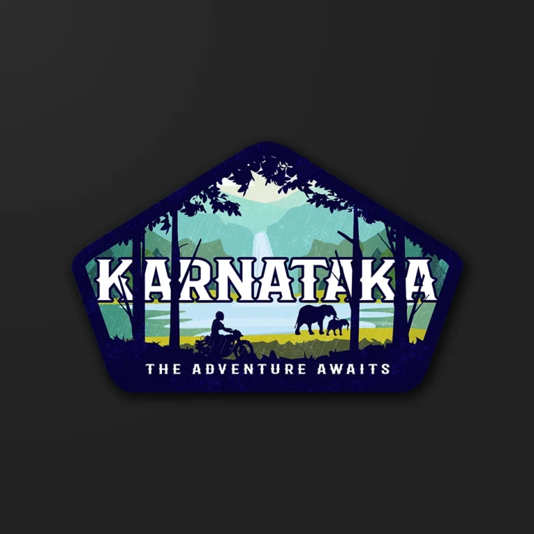 Inline-4 Karnataka sticker illustrating a rainforest waterfall with elephants and a rider