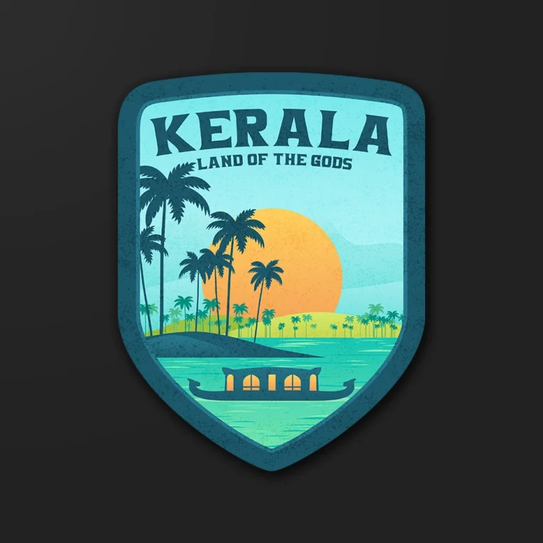 Inline-4 Kerala sticker illustrating palm trees, a sunset, and a traditional houseboat illustrating palm trees, a sunset, and a traditional houseboat