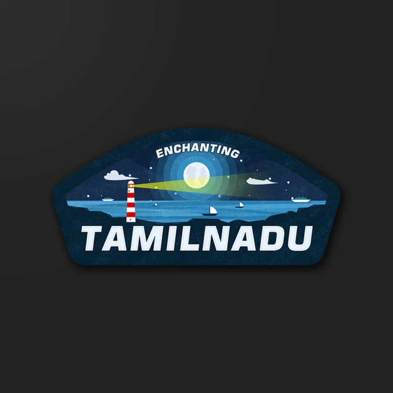 Inline-4 Tamil Nadu sticker illustrating a lighthouse beaming light over a moonlit sea