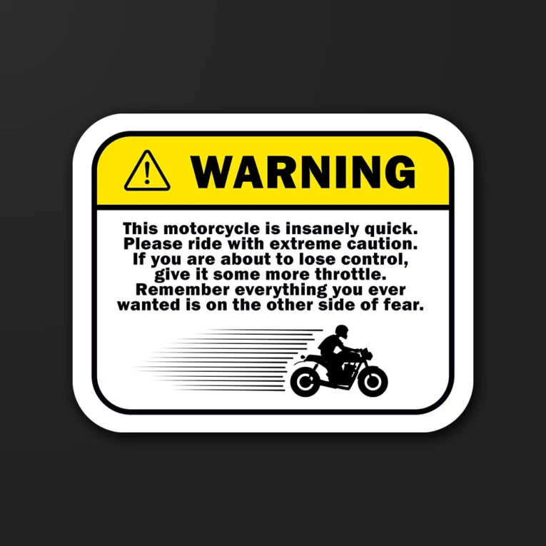 Inline-4 Warning sticker with bold mock hazard text and a fast-moving rider silhouette