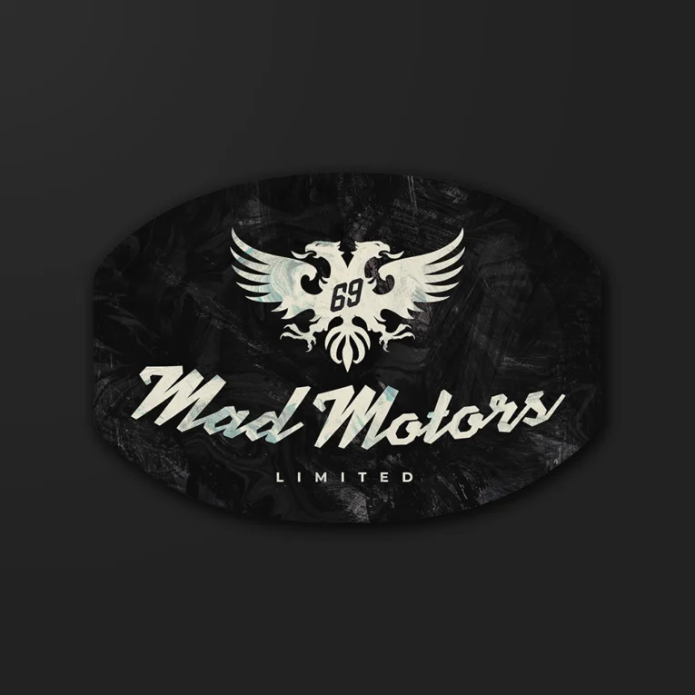 Inline-4 Mad Motors sticker featuring a double-headed eagle emblem on a marbled background
