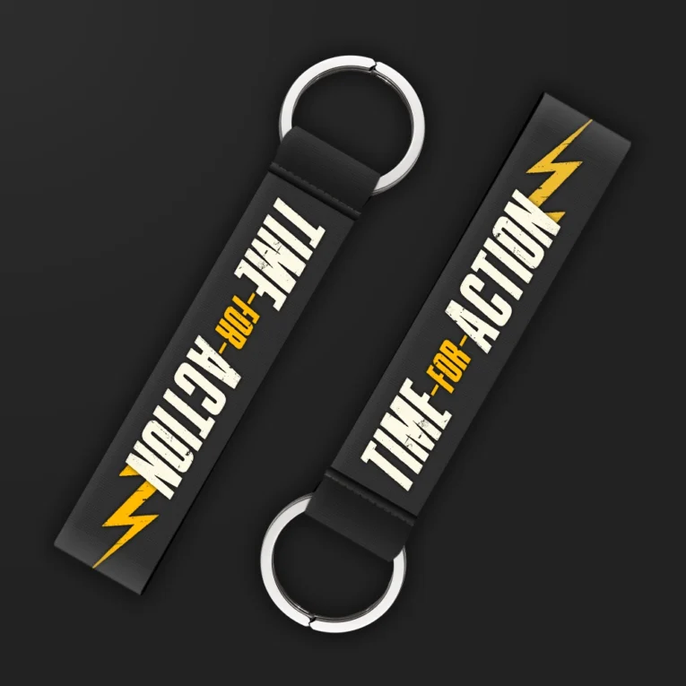 Inline-4 Time for Action keychain strap with white and yellow 'TIME FOR ACTION' lettering over a lightning-bolt graphic on black, double keyring