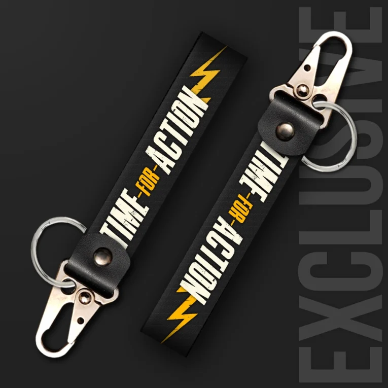 Inline-4 Time for Action keychain strap with white and yellow 'TIME FOR ACTION' lettering over a lightning-bolt graphic on black, swivel hook clip + keyring
