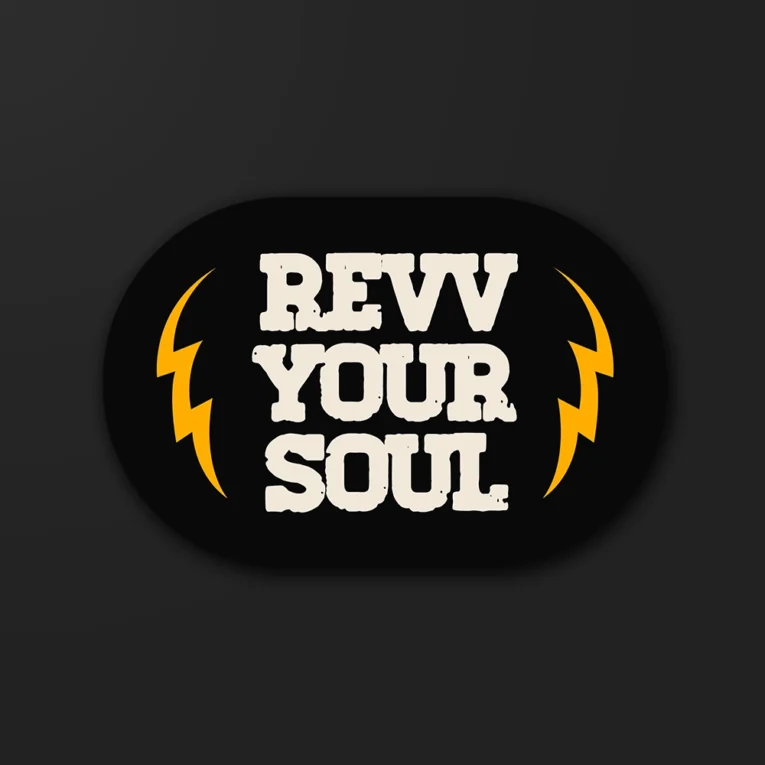 Inline-4 Revv Your Soul sticker in bold cream lettering framed by yellow lightning bolts
