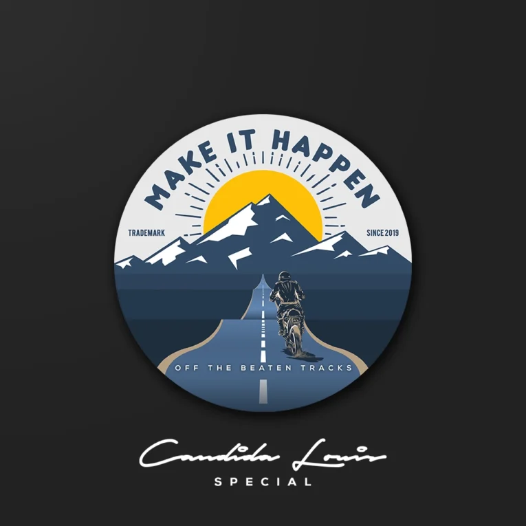 Inline-4 Make It Happen Sticker by Candida Louis illustrating a rider heading toward a mountain sunrise