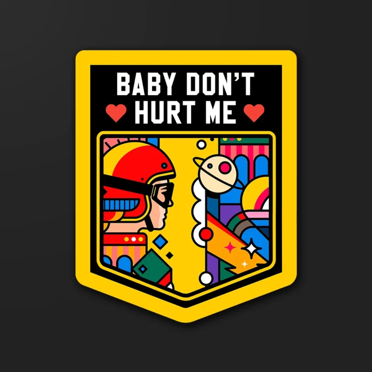 Inline-4 Baby Don't Hurt Me sticker with a colorful pop-art helmet and cosmic collage