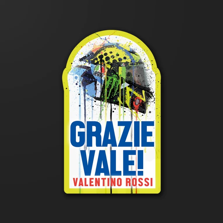 Inline-4 Grazie Vale sticker featuring a paint-splattered racing helmet tribute illustration