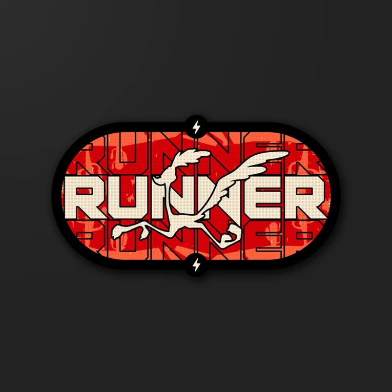 Inline-4 Runner sticker featuring a stylized desert bird silhouette over bold repeated type