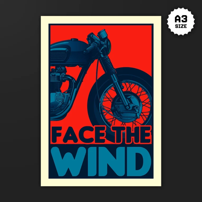 Inline-4 Face the Wind poster in a vintage propaganda-poster style, illustrating the front half of a cafe racer motorcycle in navy on red, text FACE THE WIND