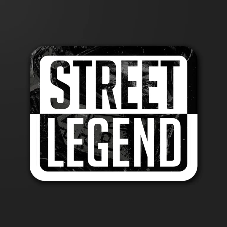 Inline-4 Street Legend sticker in bold white block type over a marbled black background