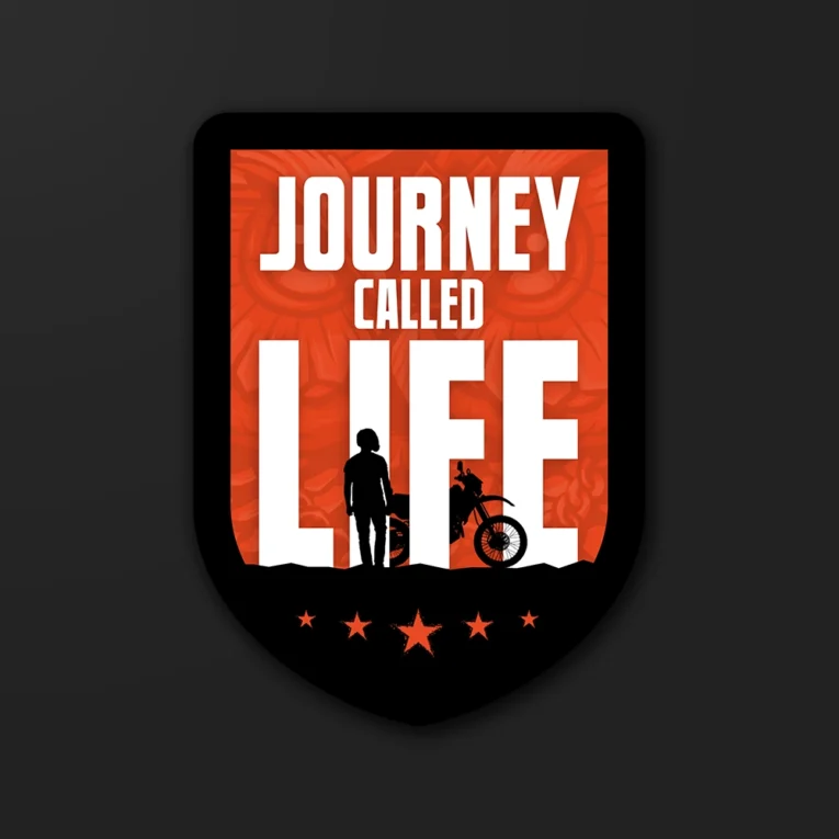 Inline-4 Journey Called Life sticker silhouetting a rider standing beside a dirt motorcycle