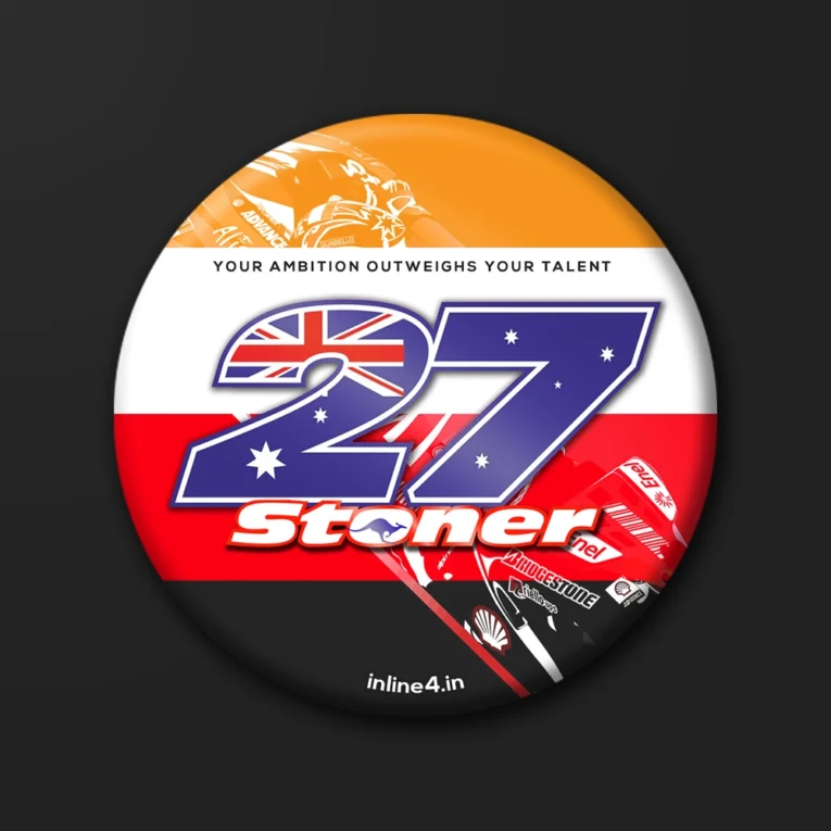 Orange, white and red badge with the number "27" in Australian flag colours, a "Stoner" script logo, and a racing motorcycle graphic