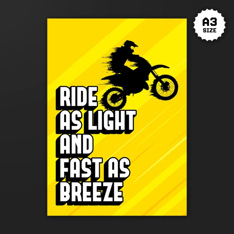 Inline-4 Fast as Breeze poster with a black dirt-bike rider silhouette jumping over a bright yellow diagonal-striped background, bold text RIDE AS LIGHT AND FAST AS BREEZE
