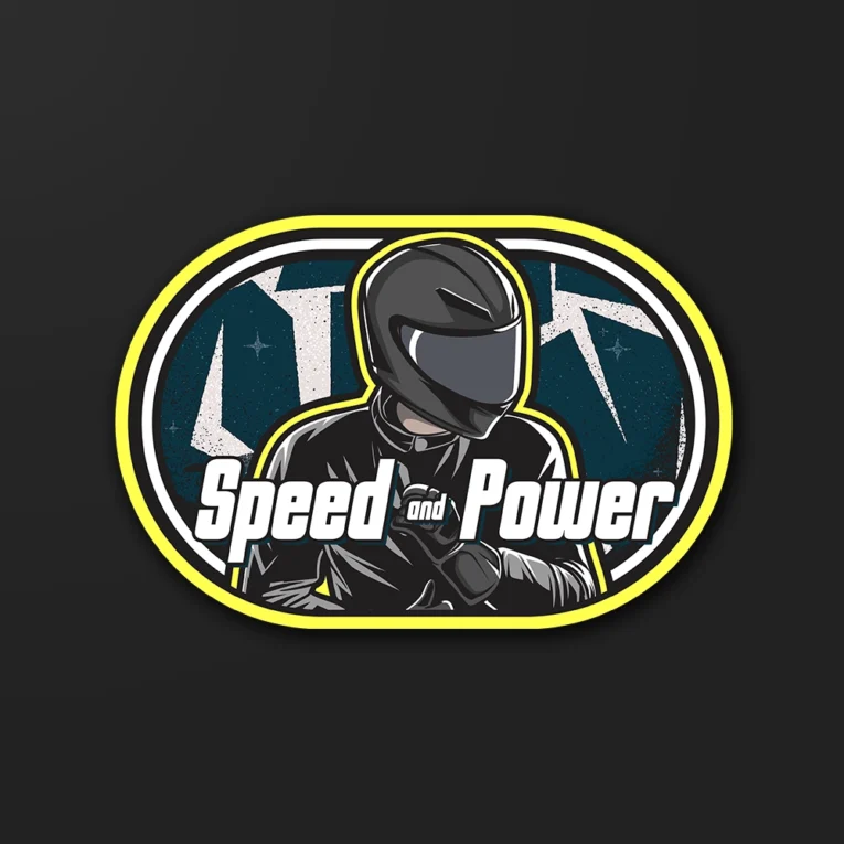 Inline-4 Speed and Power sticker of a silhouetted rider in a full-face helmet against a starburst