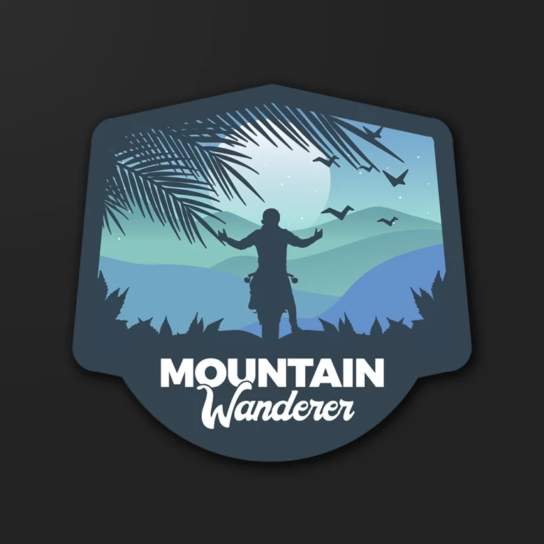Inline-4 Mountain Wanderer sticker illustrating a rider standing under a full moon and palm fronds