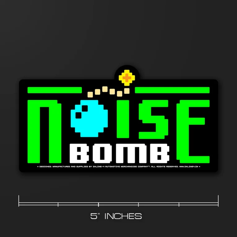 Inline-4 Noisebomb car sticker with retro pixel-art bomb icon and green pixel-font 'NOISE BOMB' wordmark on black