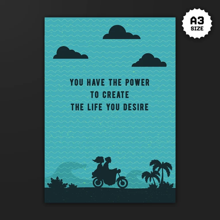 Inline-4 Life You Desire poster with a teal wave-pattern background, cloud silhouettes, palm trees, and a couple riding a motorcycle at dusk