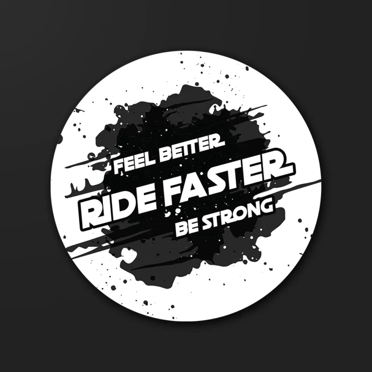 Inline-4 Ride Faster sticker in white outlined type over a black paint splash