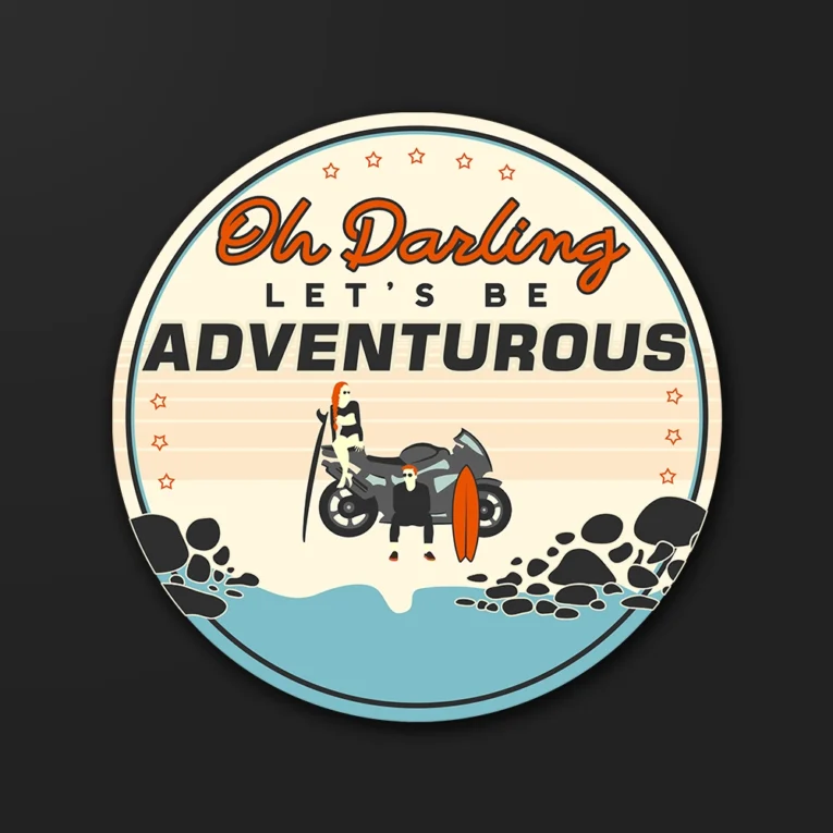 Inline-4 Oh Darling Let's Be Adventurous sticker with a couple and a sport motorcycle at the beach