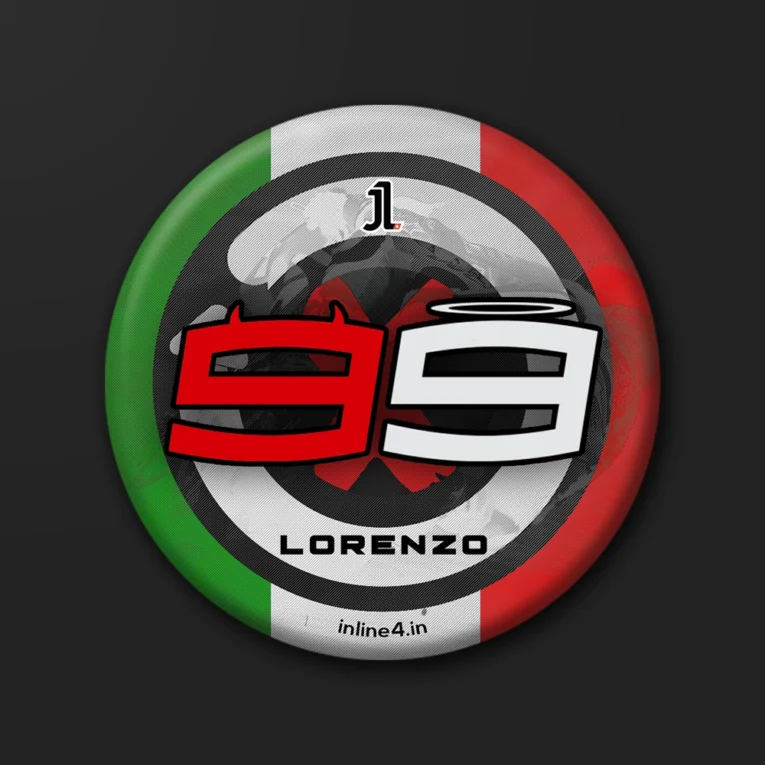 Badge with an Italian flag colour ring, a red devil-horned "9" and white halo "9" forming "99," and text reading "Lorenzo"