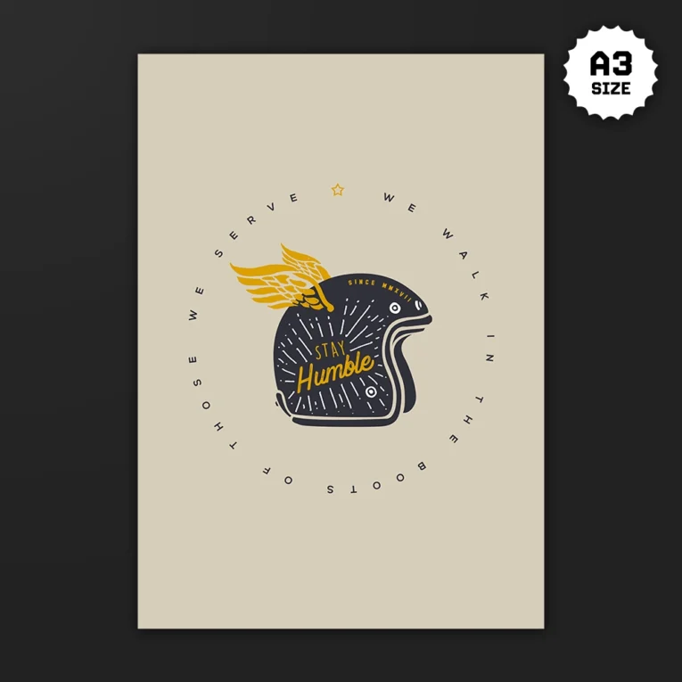 Inline-4 Stay Humble poster illustrating a winged open-face helmet with radiating lines, circular text WE SERVE, WE WALK IN THE BOOTS OF THOSE WE SERVE