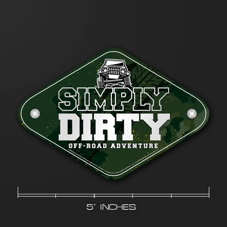 Inline-4 Simply Dirty car sticker with a 4x4 off-road vehicle icon and bold 'SIMPLY DIRTY, OFF-ROAD ADVENTURE' text on a green camo background