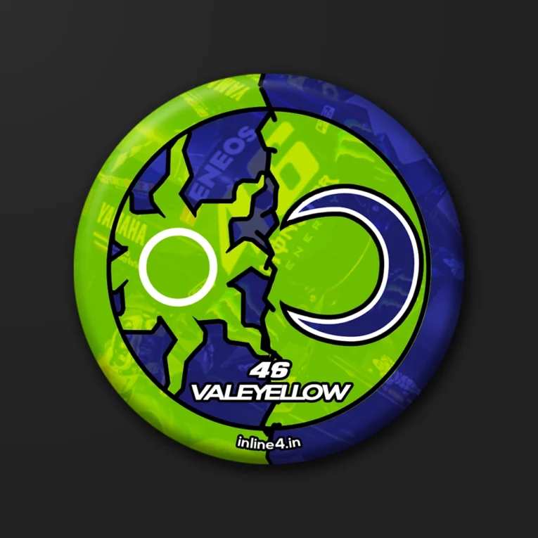 Green and blue split badge with a cracked design, a white sun and crescent moon motif, and text reading "46 Valeyellow"