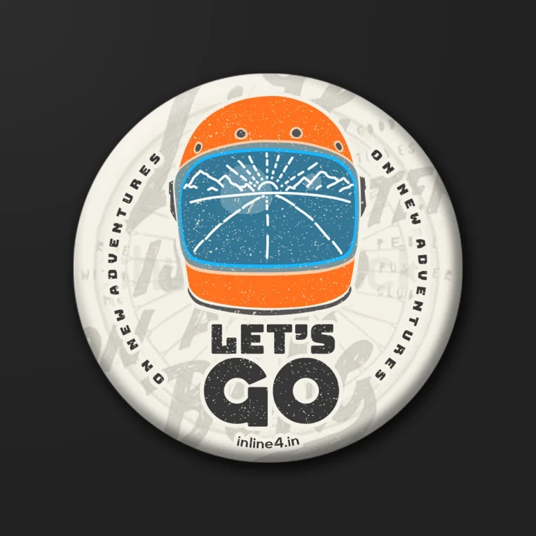 Cream textured badge with an illustrated orange helmet reflecting a mountain sunrise, bold text reading "Let’s Go, On New Adventures"