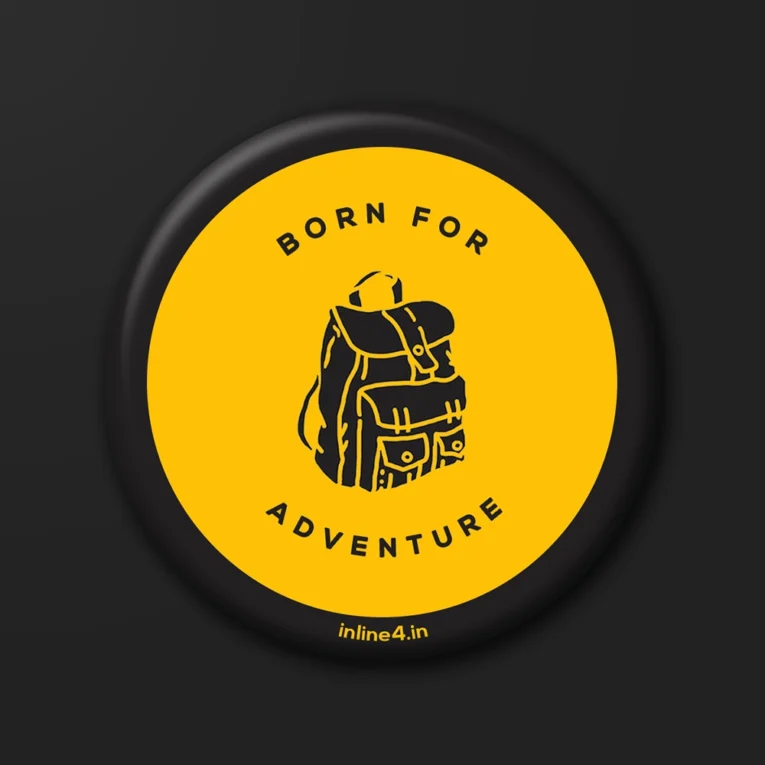 Yellow badge with a black line illustration of a backpack and bold text reading "Born For Adventure"