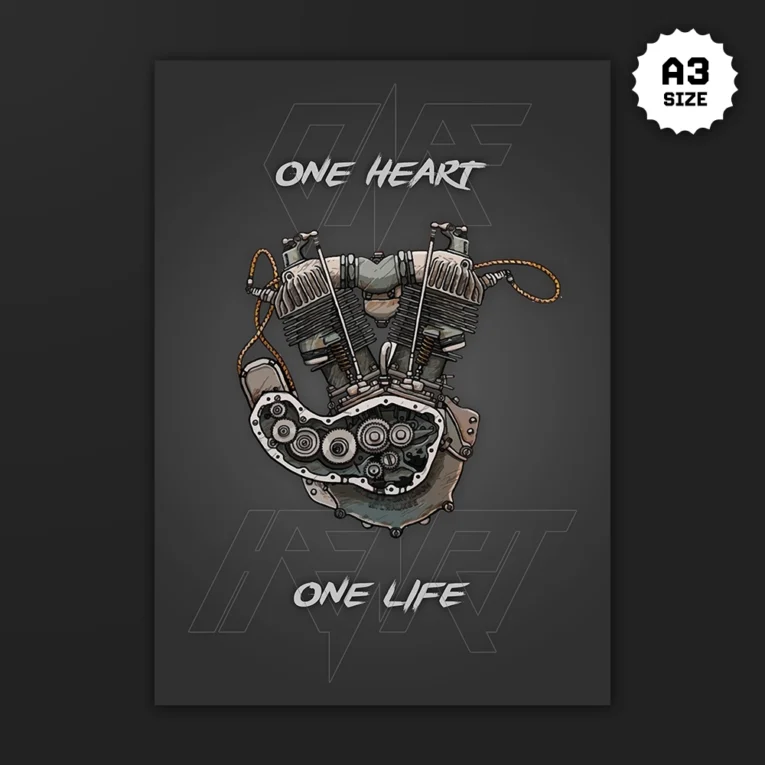 Inline-4 One Heart One Life poster illustrating a V-twin motorcycle engine styled like a human heart, with ONE HEART and ONE LIFE text