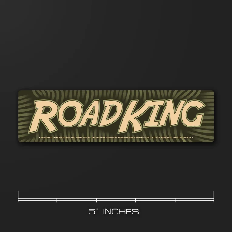 Inline-4 Road King car sticker with bold cream comic-style 'ROADKING' lettering over a dark green radiating background